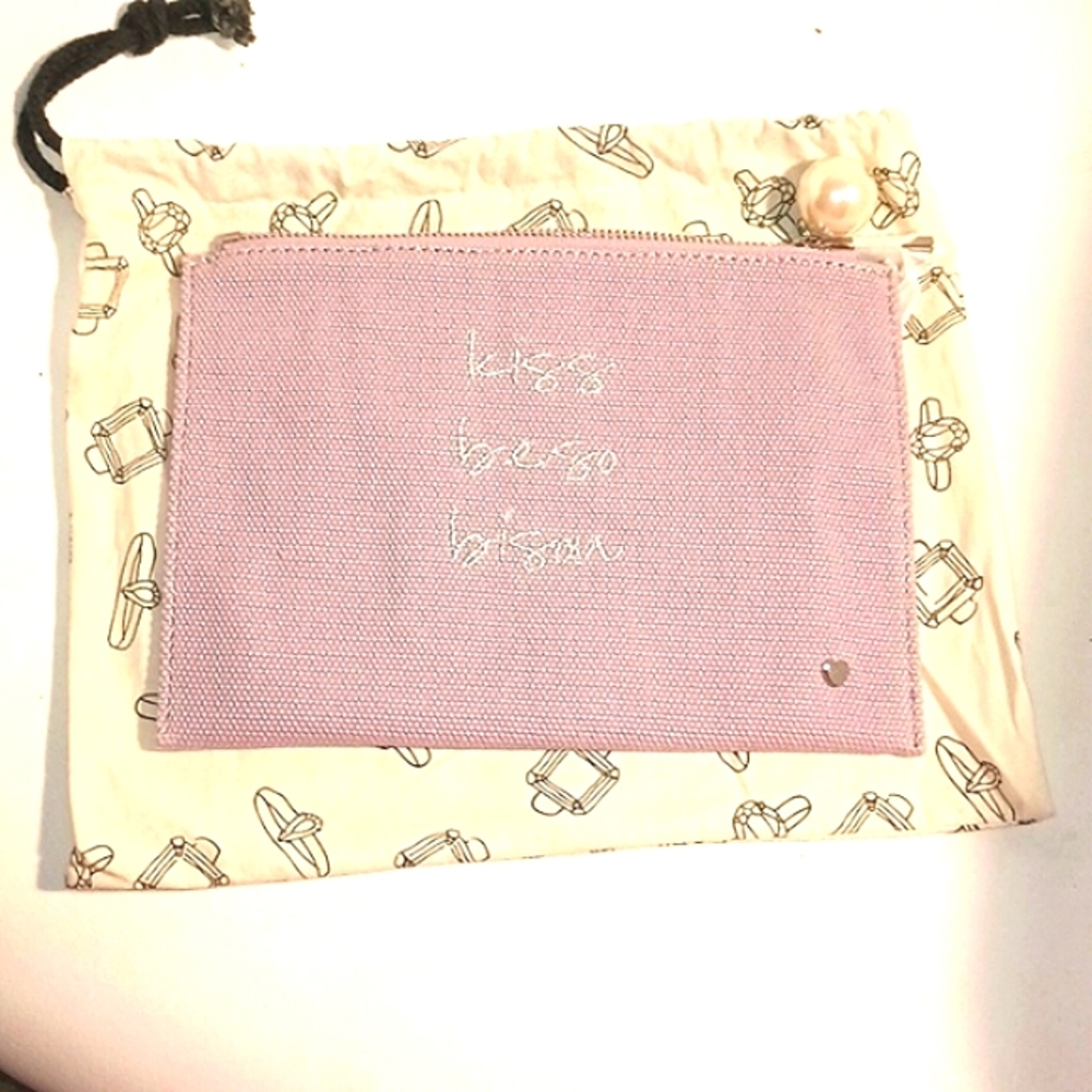 DLJ BLUE LAVENDER "KISS" CANVAS CLUTCH WITH FAUX PEARL ZIPPER DETAIL